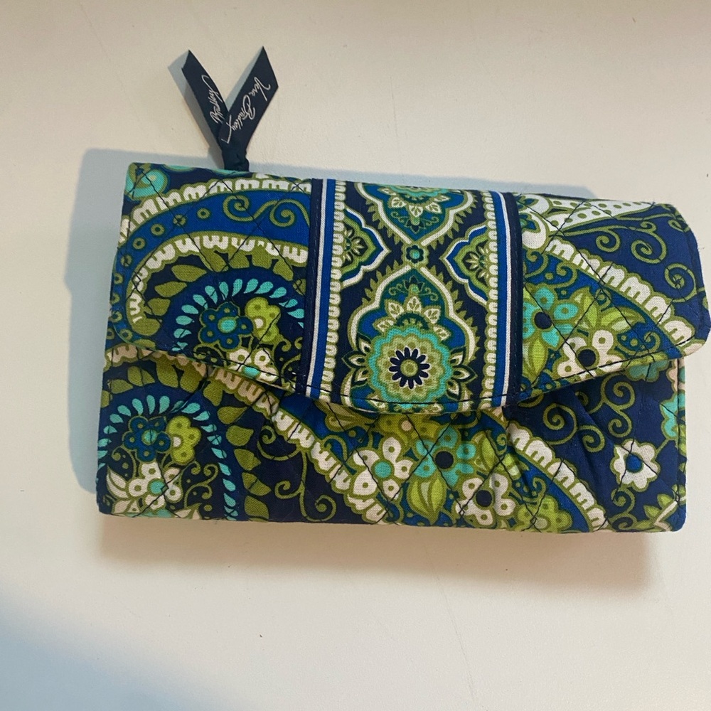 Vera Bradley, blue and green pattern trifold wallet purse with strap. NWOT